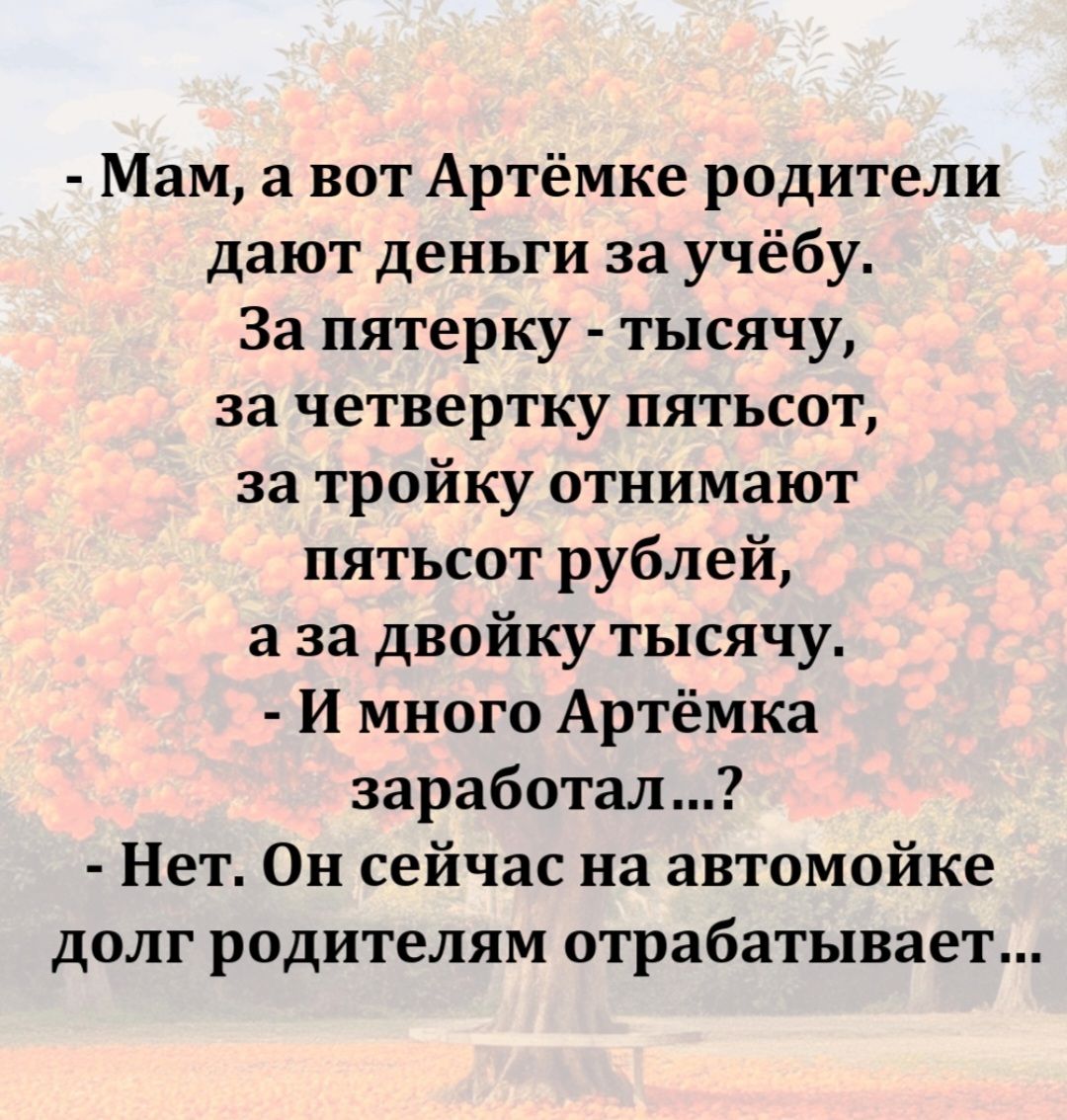 - Мам, а вот Артёмке родители дают деньги за учёбу. За пятерку - тысячу, за четверку пятьсот, за тройку отнимают пятьсот рублей, а за двойку тысяча. - И много Артёмка заработал...? - Нет. Он сейчас на автомойке долг родителям отрабатывает...