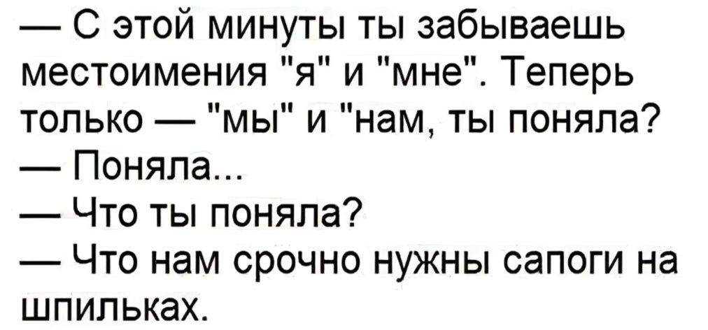 — С этой минуты ты забываешь местоимения я и мне. Теперь только — мы и нам, ты поняла? — Поняла... — Что ты поняла? — Что нам срочно нужны сапоги на шпильках.