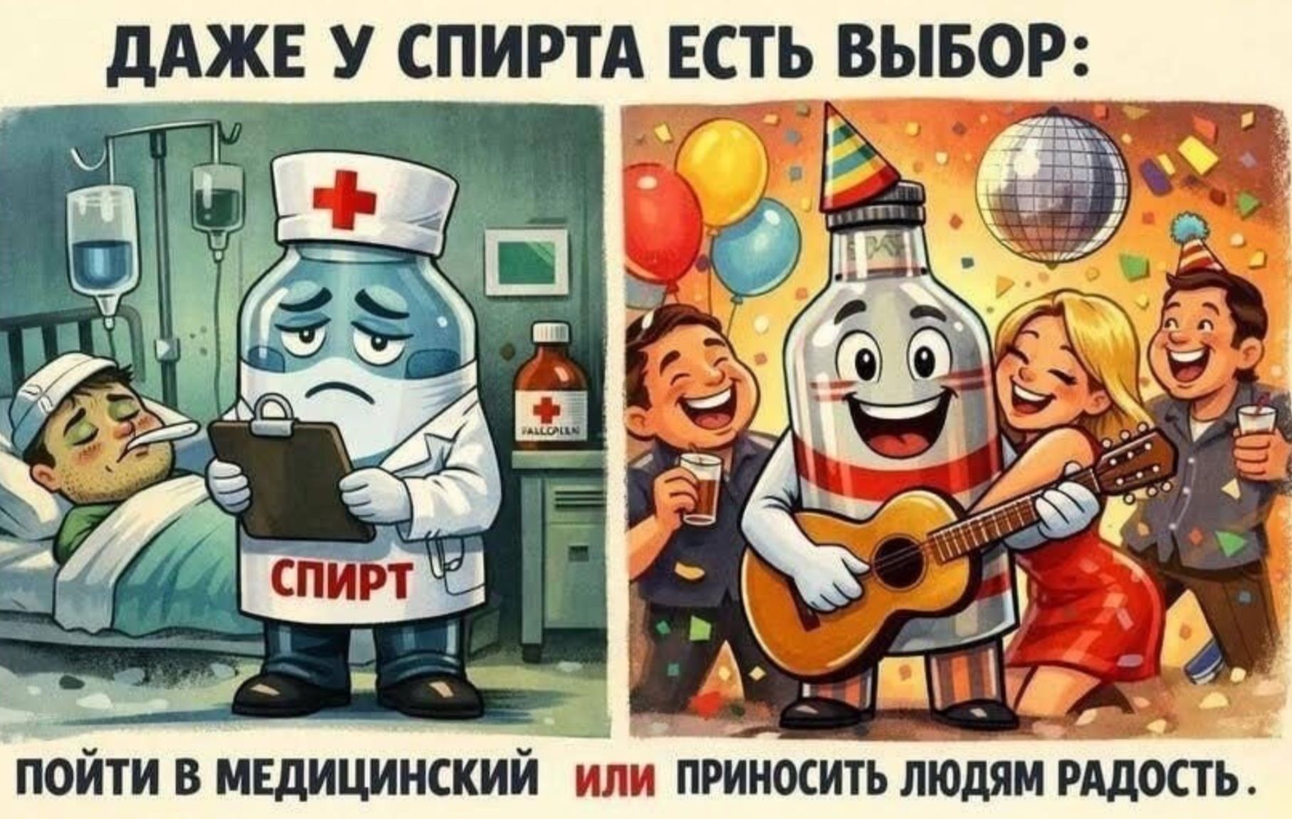 ДАЖЕ У СПИРТА ЕСТЬ ВЫБОР: ПОЙТИ В МЕДИЦИНСКИЙ ИЛИ ПРИНОСИТЬ ЛЮДЯМ РАДОСТЬ.