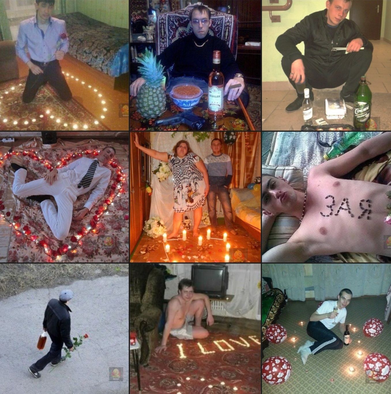 I LOVE на полу, на груди неизвестное написано, на одной фотографии свечи и люди, напитки; в кадре есть обнажённое тело с надписью. В целом collage вечеринка/праздник.