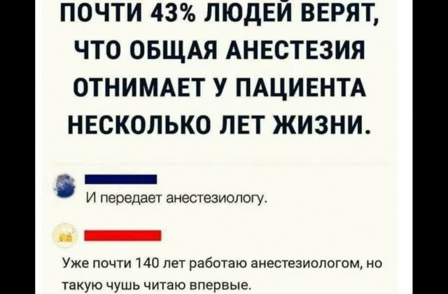 ПОЧТИ 43% ЛЮДЕЙ ВЕРЯТ, ЧТО ОБЩАЯ АНЕСТЕЗИЯ ОТНИМАЕТ У ПАЦИЕНТА НЕСКОЛЬКО ЛЕТ ЖИЗНИ. И передает анестезиологу. Уже почти 140 лет работаю анестезиологом, но такую чушь читаю впервые.