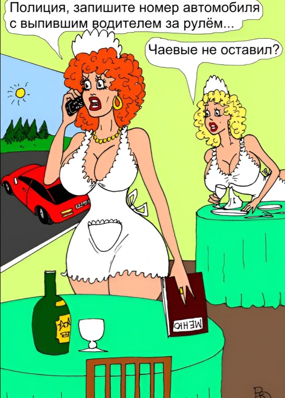 Полиция, запишите номер автомобиля с выпившим водителем за рулём... Чаевые не оставил? МЕНЮ