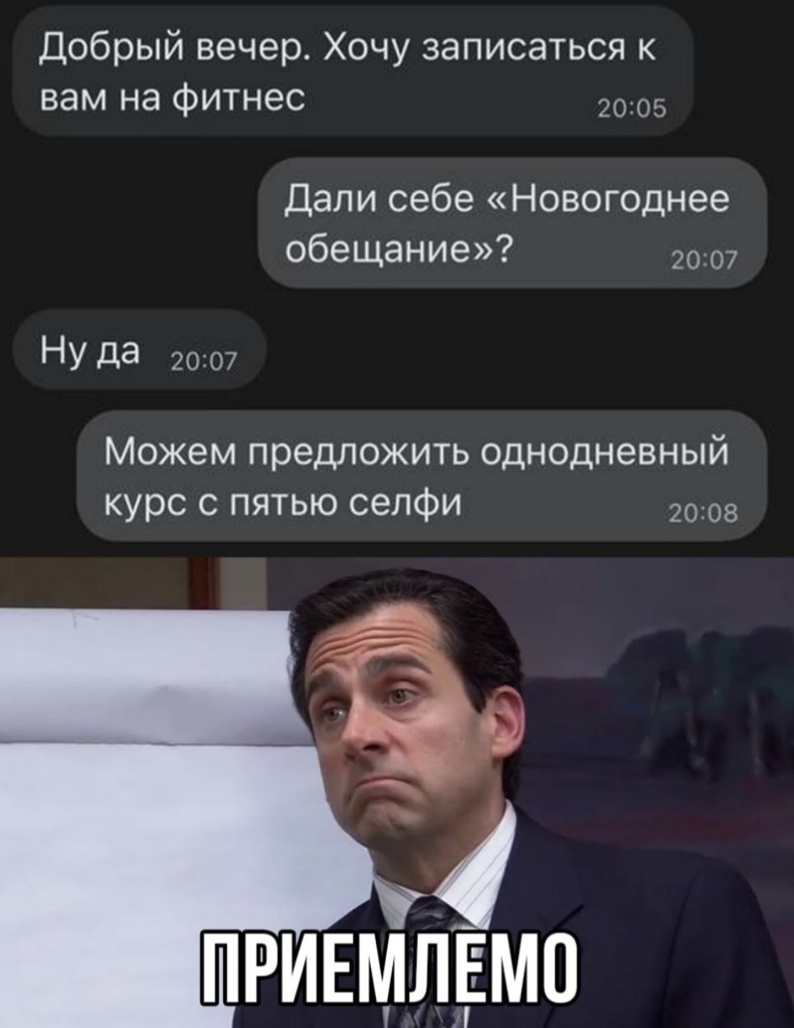 Добрый вечер. Хочу записаться к вам на фитнес. Дали себе «Новогоднее обещание»? Ну да. Можем предложить однодневный курс с пятью селфи. ПРИЕМЛЕМО