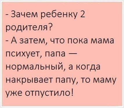 Зачем ребенку 2 родителя А затем что пока мама психует папа нормальный а когда накрывает папу то маму уже отпустило