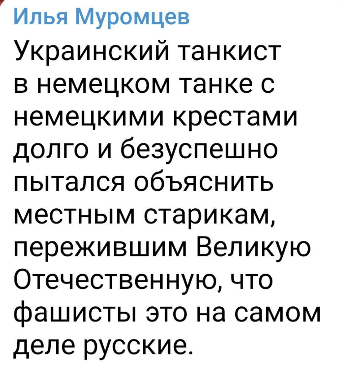 Илья Муромцев Украинский танкист в немецком танке с немецкими крестами долго и безуспешно пытался объяснить местным старикам пережившим Великую Отечественную что фашисты это на самом деле русские