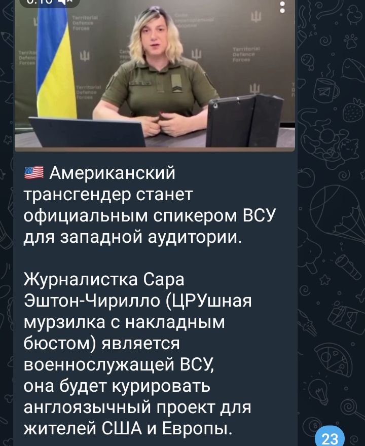 _ Американский трансгендер станет официальным спикером ВСУ для западной аудитории Журналистка Сара Эштон Чирипло ЦРУшная мурзилка с накладным бюстом является военнослужащей ВСУ она будет курировать англоязычный проект для жителей США и Европы