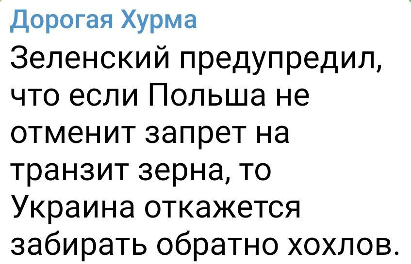 Дорогая Хурма Зеленский предупредил что если Польша не отменит запрет на транзит зерна то Украина откажется забирать обратно хохлов