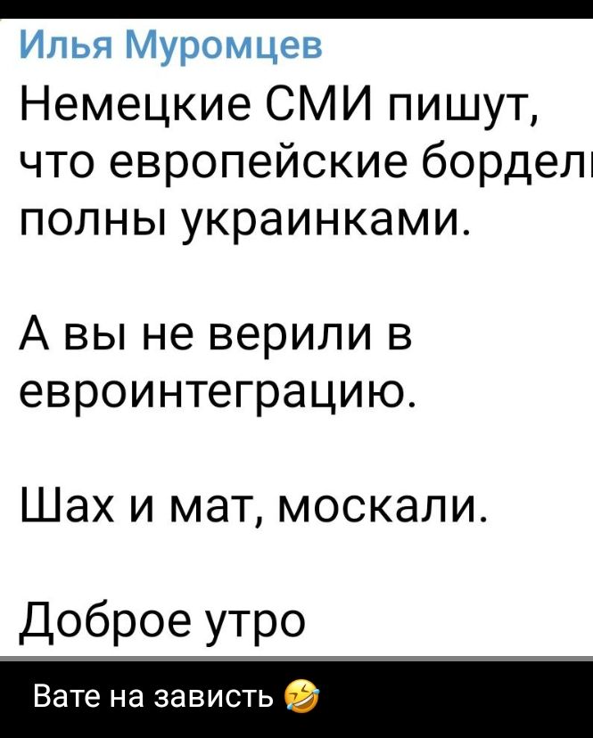 _ Илья Муромцев Немецкие СМИ пишут что европейские бордет полны украинками А вы не верили в евроинтеграцию ШЭХ И МдТ москали Доброе утро Вате на зависть