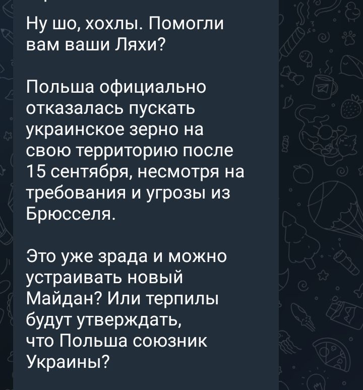 Ну шо хохлы Помогли вам ваши Ляхи Польша официально отказалась пускать украинское зерно на свою территорию после 15 сентября несмотря на требования и угрозы из Брюсселя Это уже зрада и можно устраивать новый Майдан Ипи терпилы будут утвеРЖДать что Польша союзник Украины