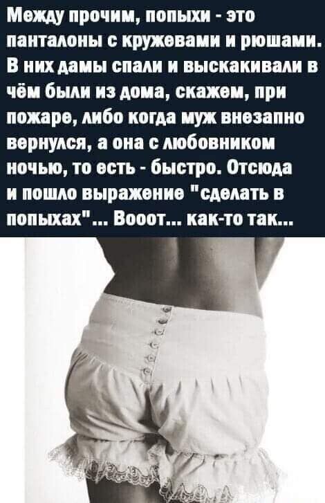 Между прочим нопыхн это панталоны кружоввин н рюшаин в инхдаиы спам и выскакивали в нём были из доно окно при понро либо когда пух внезапно вернулся в она с любовником ночью то есть быстро Отсюда и пошло выраженно сделать в поныхах Вооот как то так
