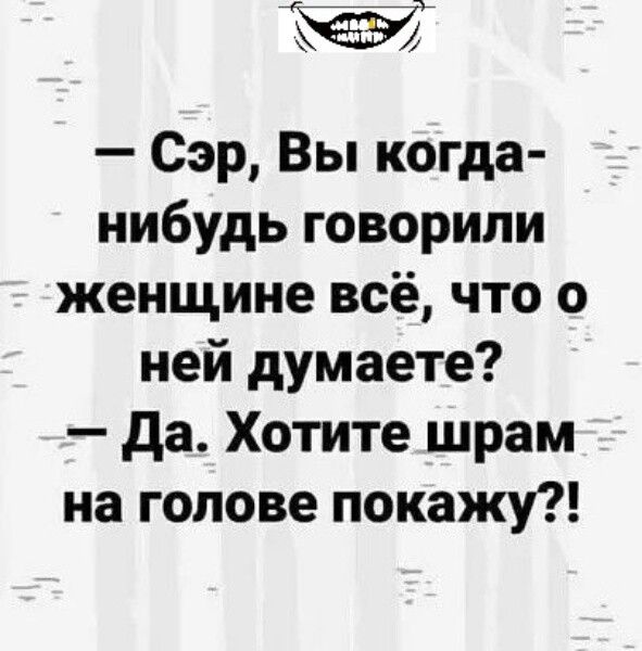 Сэр Вы когда нибудь говорили женщине всё что о ней думаете да Хотите шрам на голове покажу