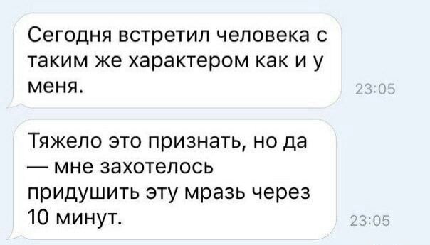 Сегодня встретил человека С таким же характером как И У меня Тяжело это признать но да мне захотелось придушить эту мразь через 10 минут