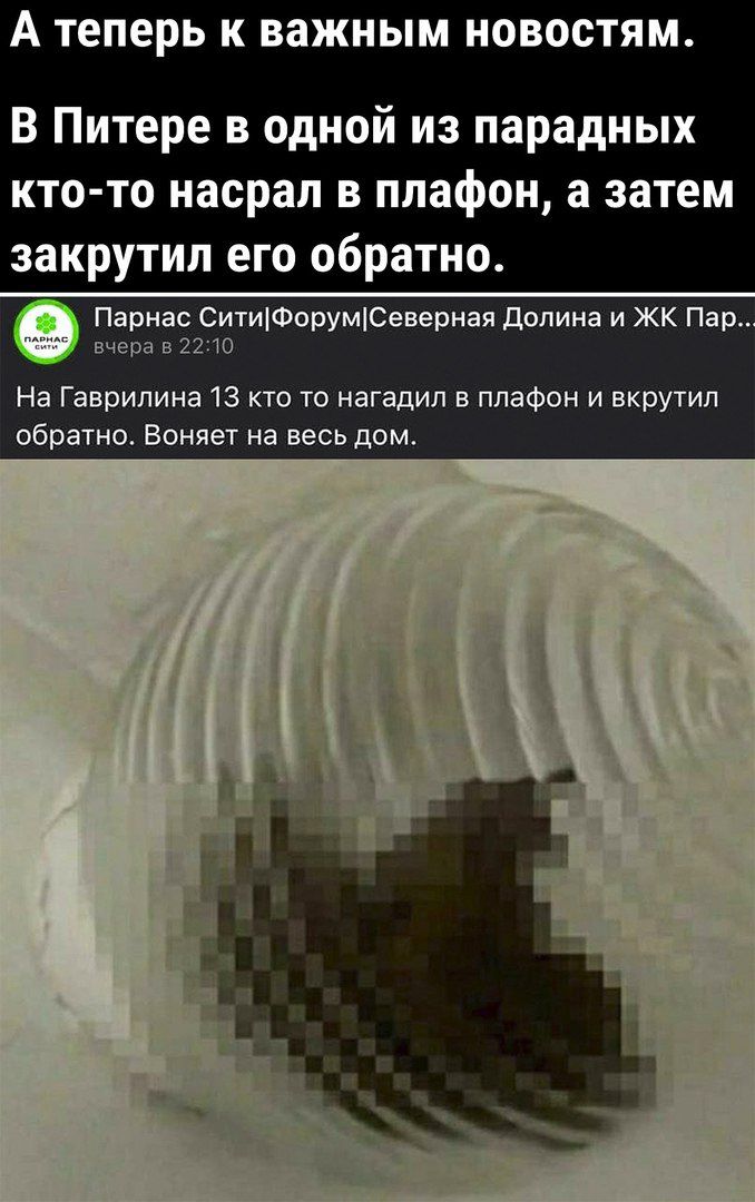 А Теперь К важным НОВОСТЯМ В Питере в одной из парадных кто то насрал в плафон а затем закрутил его обратно Парнас СитиіФорумСеверная Долина и ЖК Пер _ вчера в 2210 На Гаврилина 13 кто то нагадил в плафон и вкрутил обратно Воняет на весь дом