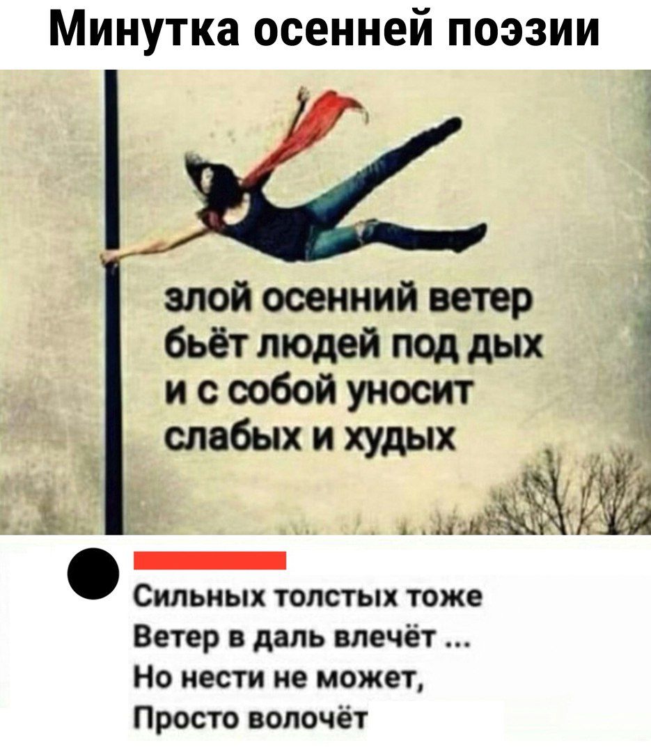 Минутка осенней поэзии злой осенний ветер бьёт людей под дых и с собой уносит слабых и худых ЧЁ Я в Сильных толстых тоже Ветер в даль влечёт Но нести не может Просто вопочёт