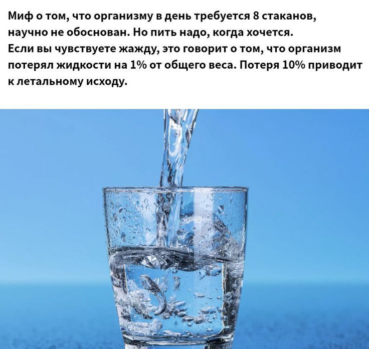 Миф о том что организму в день требуется 8 стаканов научно не обоснован Но пить надо когда хочется Если вы чувствуете жажду это говорит о том что организм потерял жидкости на 1 от общего веса Потеря 10 приводит к летальному исходу