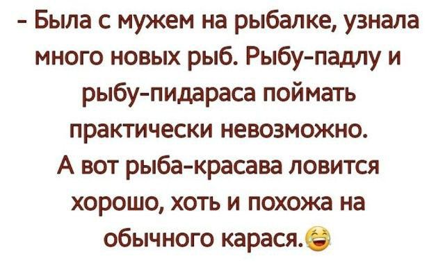Была с мужем на рыбалке узнала много новых рыб Рыбупадлу и рыбупидараса поймать практически невозможно А вот рыба красава ловится хорошо хоть и похожа на обычного карасяё