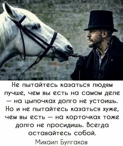 Не пытайтесь казаться пюдям лучше чем вы есть на самом деле на цыпочках допго не устоишь Но и не пытайтесь казаться хуже чем вы есть на корточках тоже долго не просидишь Всегда оставайтесь собой Михаил Бупгаков
