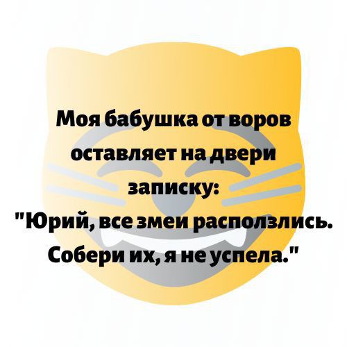 Моя бабушка от воров оставляет на двери записку Юрий все змеи распопэлись Собери их я не успела