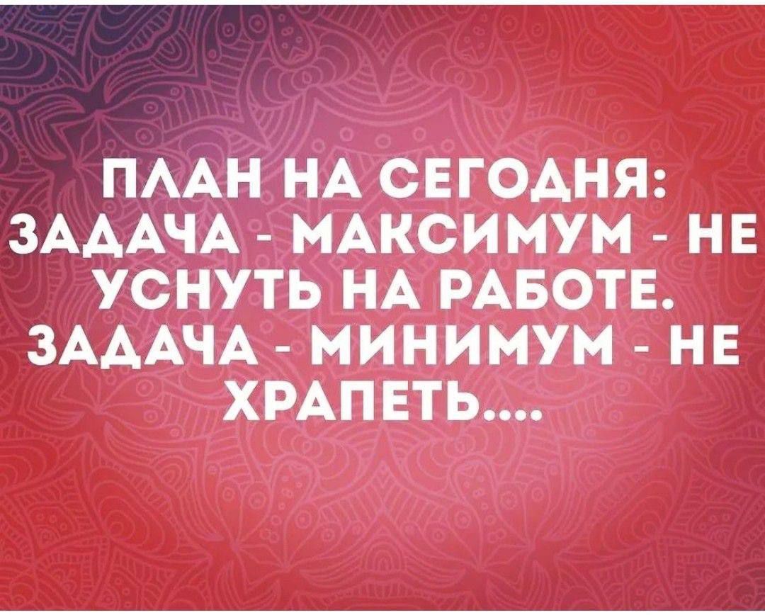 ПЛАН НА СЕГОДНЯ: ЗАДАЧА - МАКСИМУМ - НЕ УСНУТЬ НА РАБОТЕ. ЗАДАЧА - МИНИМУМ - НЕ ХРАПЕТЬ....