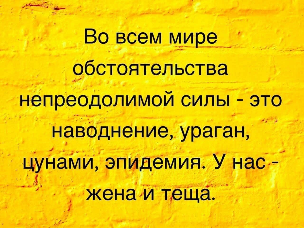 Во всем мире обстоятельства непреодолимой силы - это наводнение, ураган, цунами, эпидемия. У нас - жена и теща.