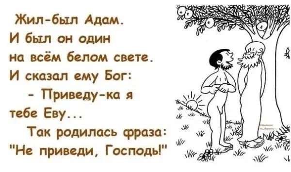 Жил-был Адам. И был он один на всём белом свете. И сказал ему Бог: - Приведу-ка я тебе Еву... Так родилась фраза: 