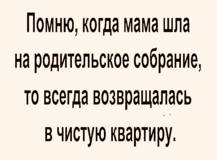 Помню, когда мама шла на родительское собрание, то всегда возвращалась в чистую квартиру.