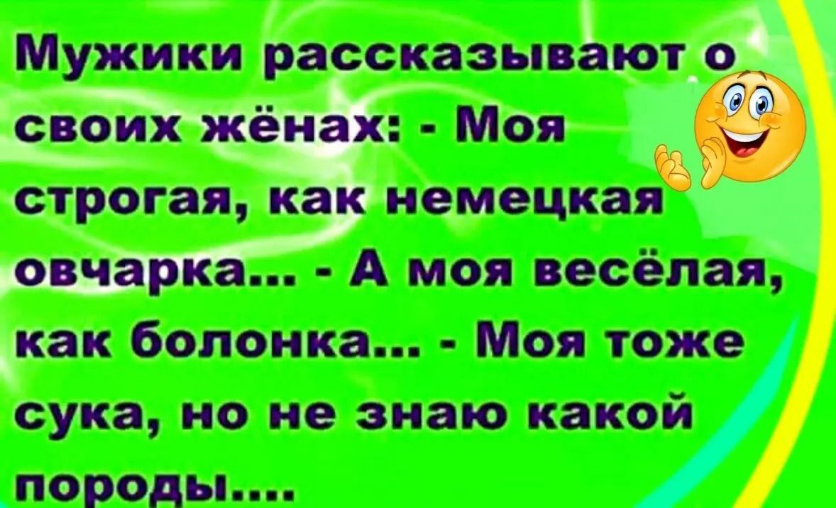 Мужики рассказывают о своих жёнах: - Моя строгаая, как немецкая овчарка... - А моя весёлая, как болонка... - Моя тоже сука, но не знаю какой породы....
