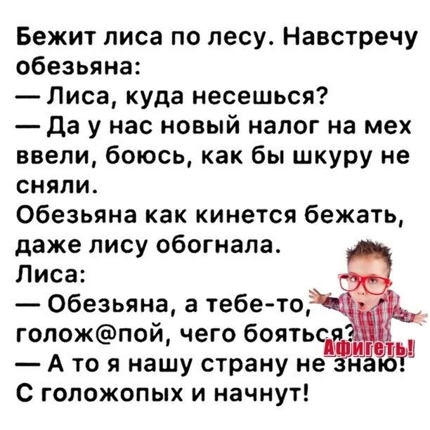 Бежит лиса по лесу. Навстречу обезьяна: — Лиса, куда несешься? — Да у нас новый налог на мех ввели, боюсь, как бы шкуру не сняли. Обезьяна как кинется бежать, даже лисы обогнала. Лиса: — Обезьяна, а тебе-то, голож@пой, чего бояться? — А то я нашу страну не знаю! С голожопых и начнут!