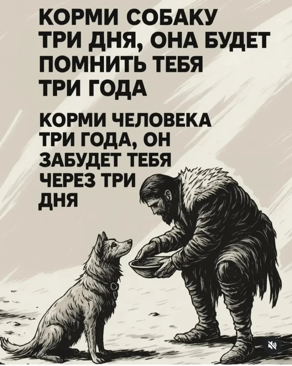 КОРМИ СОБАКУ ТРИ ДНЯ, ОНА БУДЕТ ПОМНИТЬ ТЕБЯ ТРИ ГОДА КОРМИ ЧЕЛОВЕКА ТРИ ГОДА, ОН ЗАБУДЕТ ТЕБЯ ЧЕРЕЗ ТРИ ДНЯ