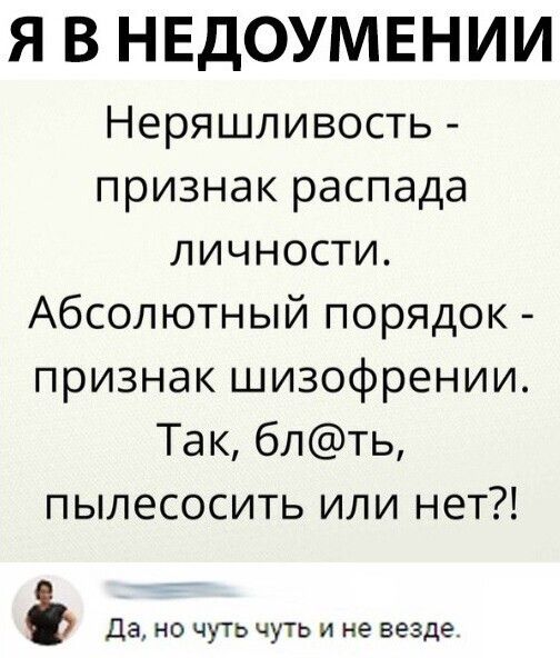 Я В НЕДОУМЕНИИ Неряшливость признак распада личности Абсолютный порядок признак шизофрении Так блть пылесосить или нет Да но чуть чуть и не везде