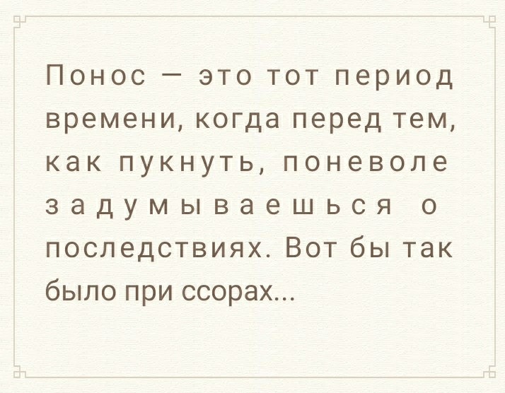 Понос это тот период времени когда перед тем как пукнуть поневоле задумываешься о последствиях Вот бы так было при ссорах