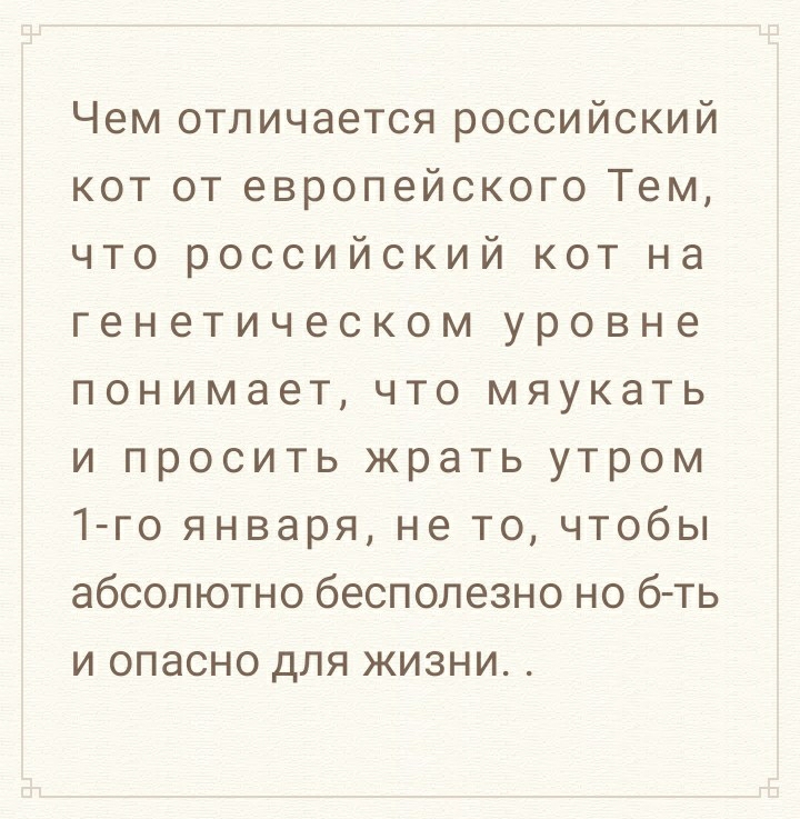 Чем отличается российский кот от европейского Тем что российский кот на генетическом уровне понимает что мяукать и просить жрать утром 1 го января не то чтобы абсолютно бесполезно но б ть и опасно для жизни