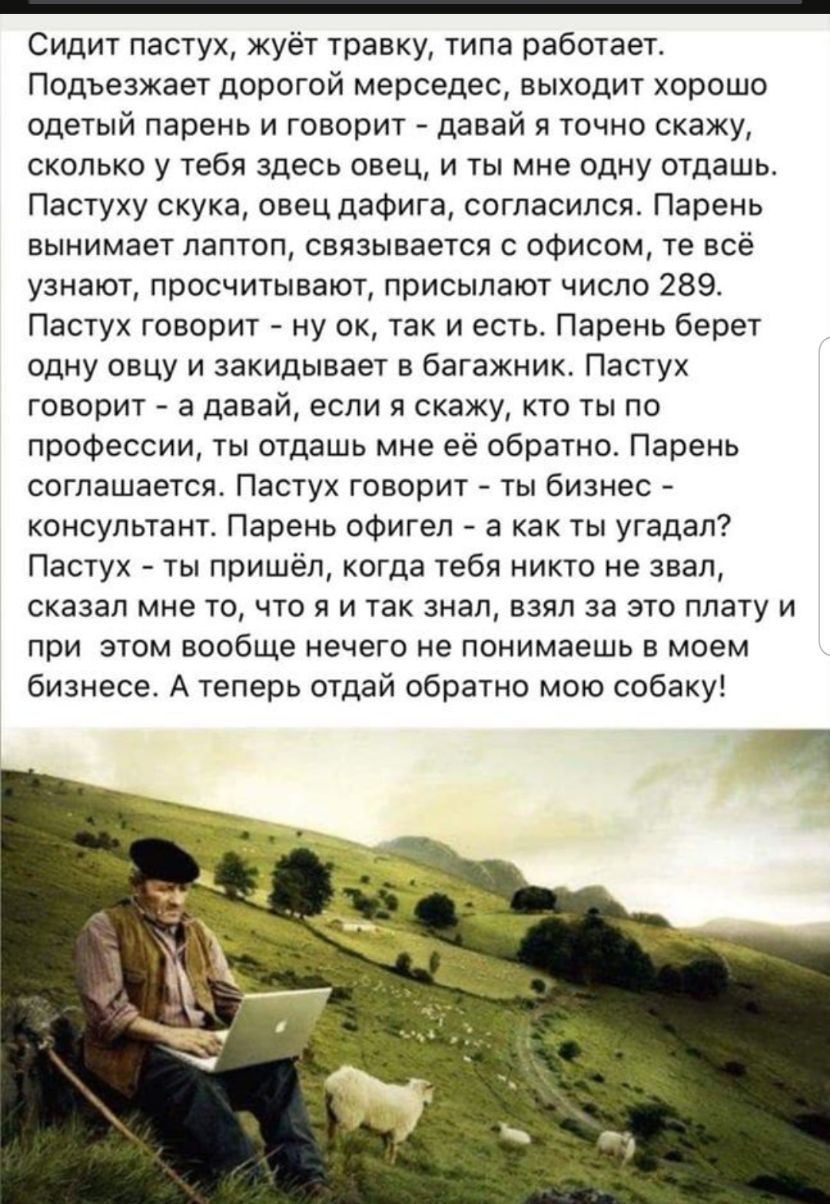 _ Сидит пастух жуёт травку типа работает Подъезжает дорогой мерседес выходит хорошо одетый парень и говорит давай я точно скажу сколько у тебя здесь овец и ты мне одну отдашь Пастуху скука овец дафига согласился Парень вынимает лаптоп связывается с офисом те всё узнают просчитывают присылают число 289 Пастух говорит ну ок так и есть Парень берет одну овцу и закидывает в багажник Пастух говорит а д