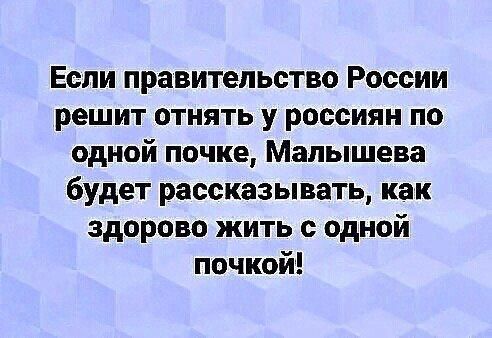 Если правительство России решит отнять у россиян по одной почке Малышева будет рассказывать как здорово жить с одной почкой