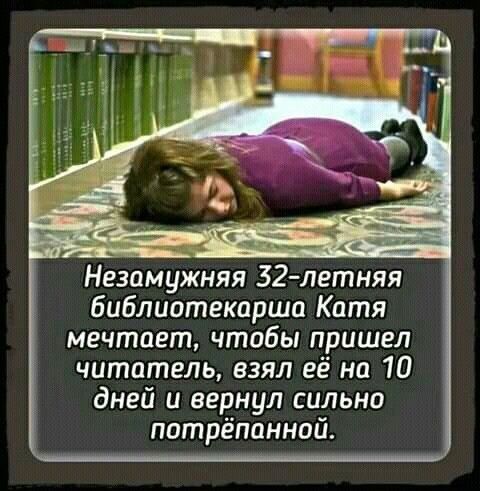 библиотекарша Катя мечтает чтобы пришел читатель взял её на 10 дней и вернул сильна потрёпанной