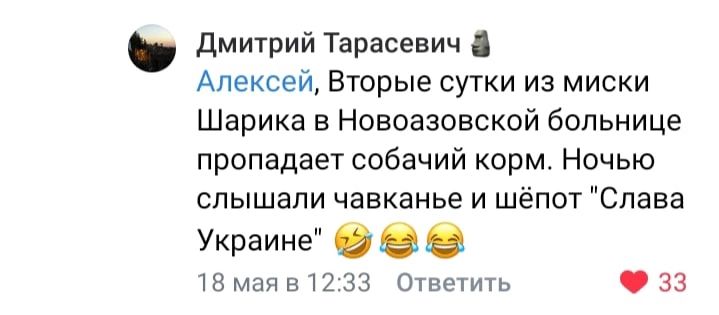 Дмитрий Тарасевич Алексей Вторые сутки из миски Шарика в Новоазовской больнице пропадает собачий корм Ночью слышали чавканье и шёпот Слава Украине ШММЕШЗЗ Ответить 933