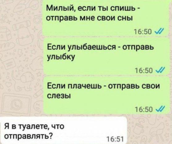 Милый если ты спишь отправь мне свои сны 1650 Если упыбаешься отправь улыбку 1650 ЕСЛИ плачешь отправь СВОИ СЛЕЗЫ 1650 Я в туалете что отправлять 51