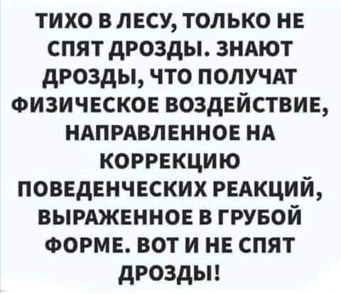 ТИХО В ЛЕСУ ТОЛЬКО НЕ СПЯТ ДРОЗДЫ ЗНАЮТ ДРОЗДЫ ЧТО ПОЛУЧАТ ФИЗИЧЕСКОЕ ВОЗДЕЙСТВИЕ НАПРАВЛЕННОЕ НА КОРРЕКЦИЮ ПОВЕДЕНЧЕСКИХ РЕАКЦИЙ ВЫРАЖЕННОЕ В ГРУБОЙ ФОРМЕ ВОТ И НЕ СПЯТ ДРОЗДЫ