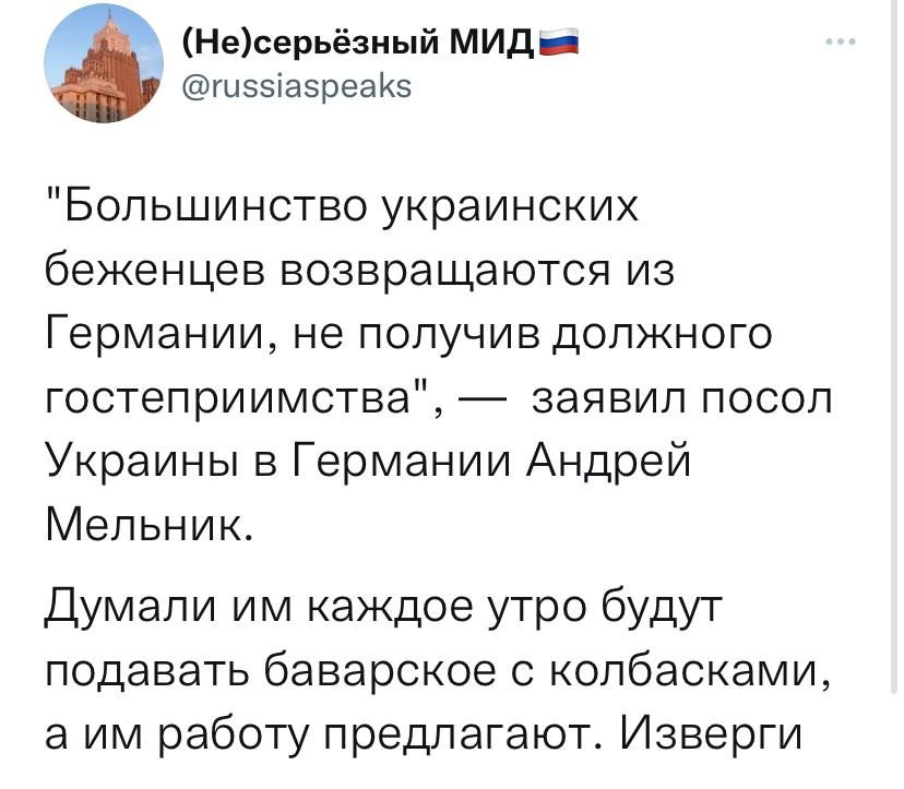 Несерьёзиый мид шззтаэреайз Большинство украинских беженцев возвращаются из Германии не получив должного гостеприимства заявил посол Украины в Германии Андрей Мельник Думали им каждое утро будут подавать баварское с опбасками а им работу предлагают Изверги