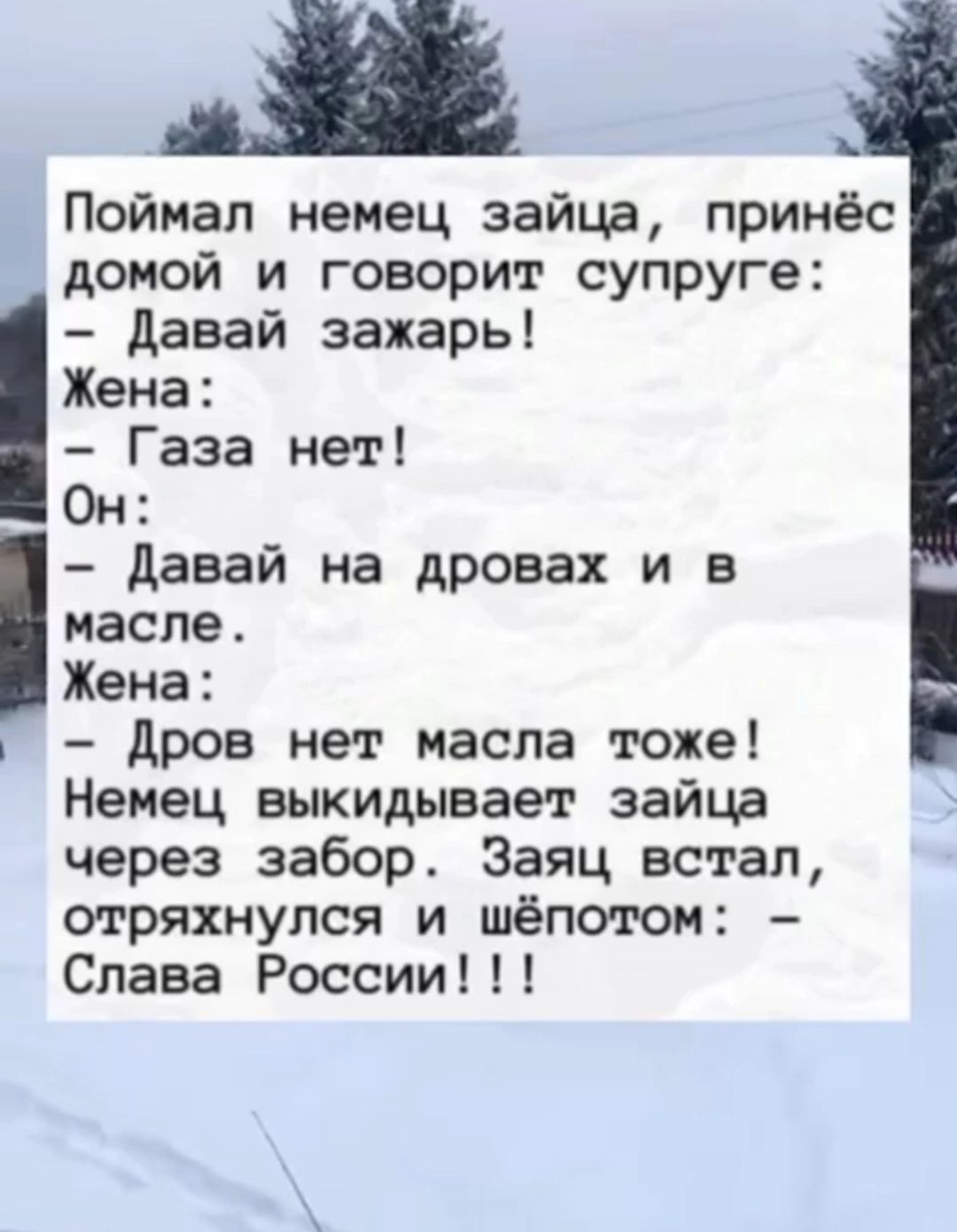 и Поймал немец зайца принёс домой и говорит супруге давай захарь Жена аэа нет Он давай на дровах и в масле Жена дров нет масла тоже Немец выкидывает зайца через забор Заяц встал отряхнупся и шёпотом Слава России