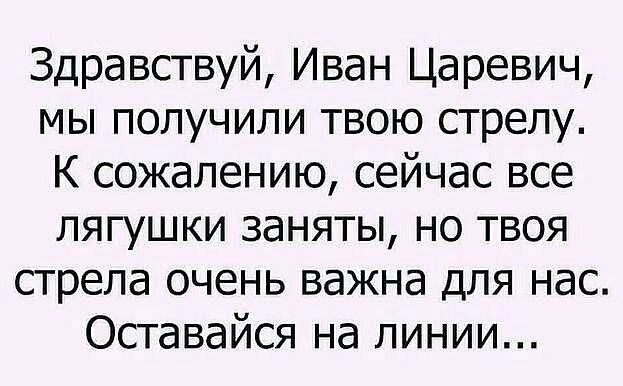 Здравствуй Иван Царевич мы получили твою стрелу К сожалению сейчас все лягушки заняты но твоя стрела очень важна для нас Оставайся на линии
