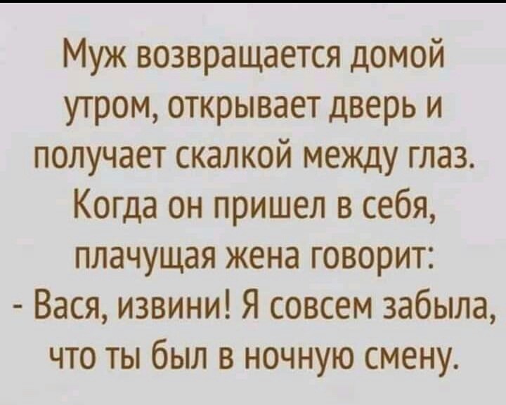 Муж возвращается домой утром открывает дверь и получает скалкой между глаз Когда он пришел в себя плачущая жена говорит Вася извини Я совсем забыла что ты был в ночную смену