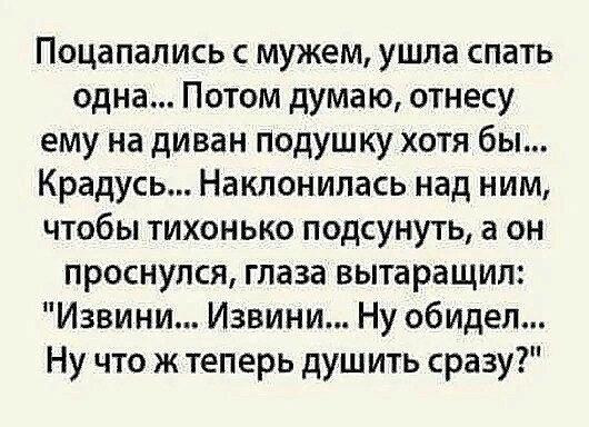 Поцапапись мужем ушла спать одна Потом думаю отнесу ему на диван подушщ хотя бы Крадусь Наклонилась над ним чтобы тихонько подсунуть а он проснулся глаза вытаращил Извини Извини Ну обидел Ну что ж теперь душить сразу