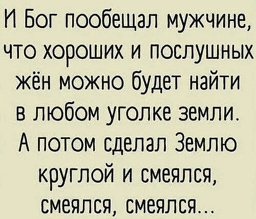 Н Бог пообещал мужчине что хороших и послушных жён можно будет найти в любом уголке земли А потом сделал Землю круглой и смеялся смеялся смеялся