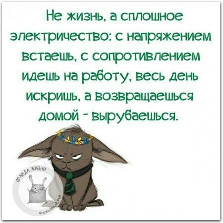 Не жизь а сплошное электричество с напряжением встаепь с сопротивлением Идешь на работу весь день искриць а возвращаешься домой вырубаецься