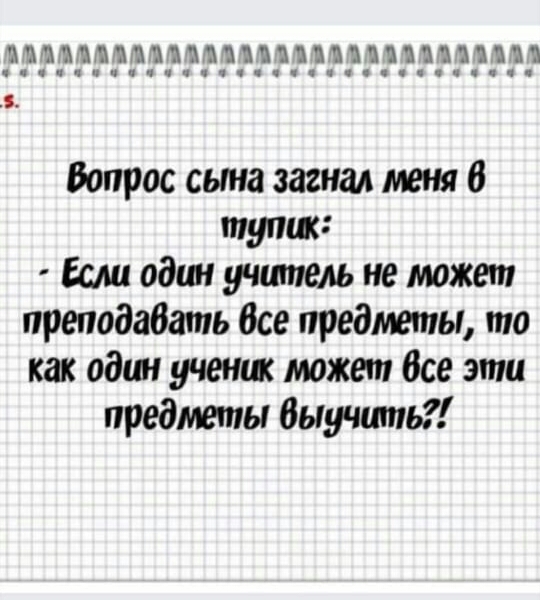 13131311 ц ццццч чс Вопрос сына загнал меня в тупик Если один учшпель не может преподабать Все предметы то как один ученш может Все эти предметы Выучить