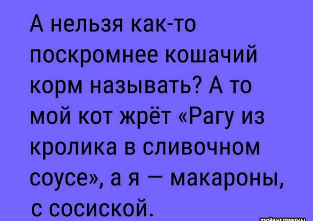 А нельзя как то поскромнее кошачий корм называть А то мой кот жрёт Рагу из кролика в сливочном соусе а я макароны с сосиской