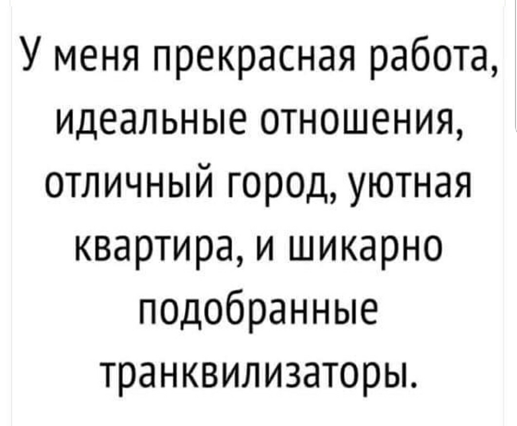 У меня прекрасная работа идеальные отношения отличный город уютная квартира и шикарно подобранные транквилизаторы
