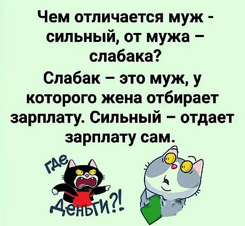 Чем отличается муж сильный от мужа слабака Спабак это муж у которого жена отбирает зарплату Сильный отдает зарплату сам