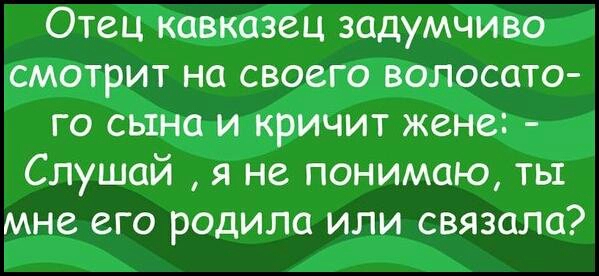 Отец кавказец задумчиво смотрит на своего волосато го сына и кричит жене Слушай я не понимаю ты мне его родила или связала